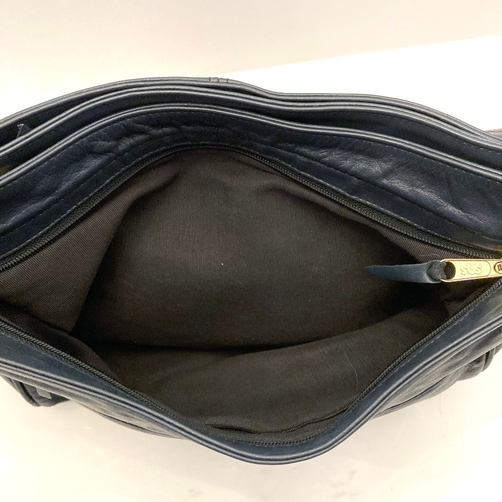 Vtg SAS Shoulder Bag Navy Blue Leather Purse Hand Sewn Made USA Pockets - Picture 12 of 13